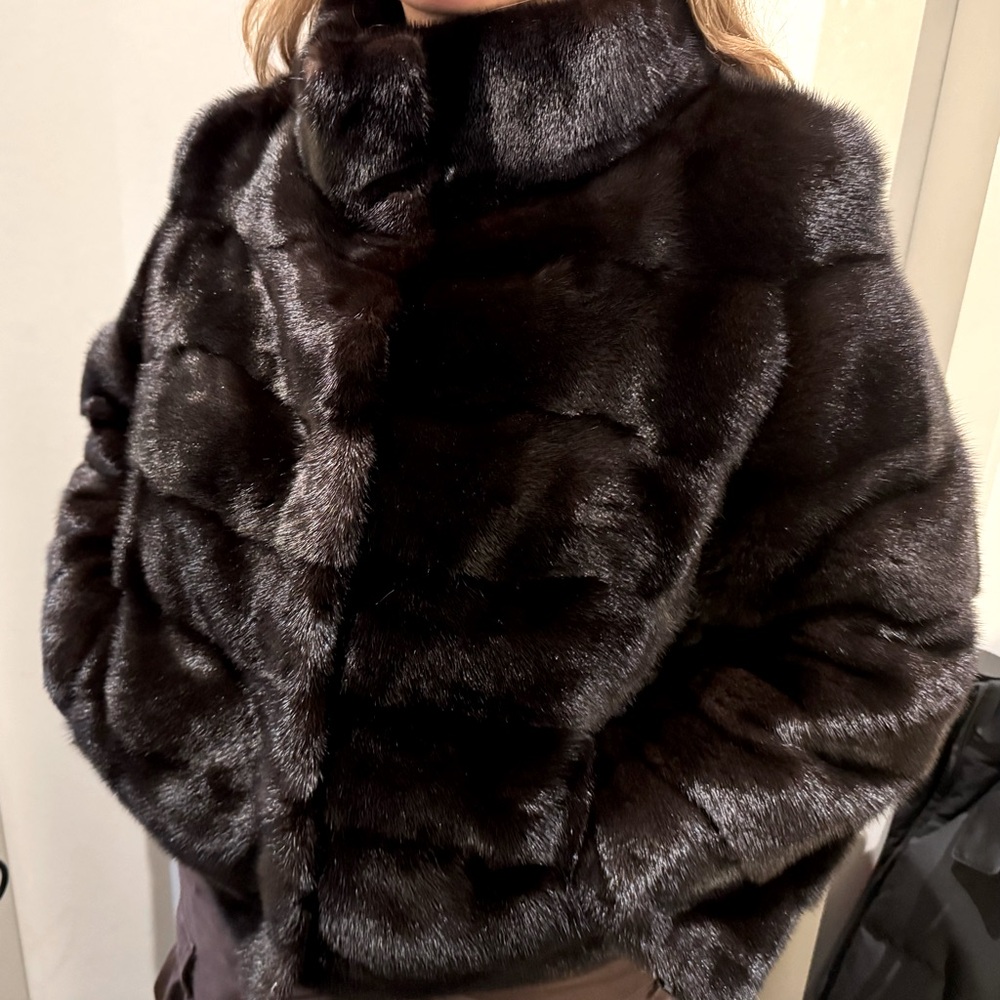 Rare Unworn Gorski Reversible Real Brown Mink Fur Coat Jacket w/ Magnetic Collar